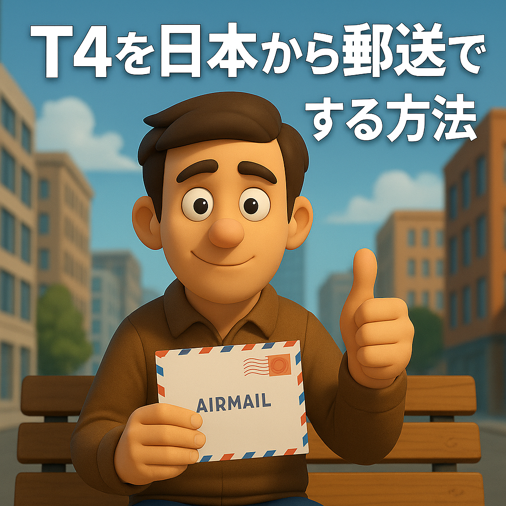 T4を日本から郵送で提出する方法を解説するブログのアイキャッチ画像。カナダのタックスリターンに関する内容で、封筒を持った若者がグッドサインをしている。